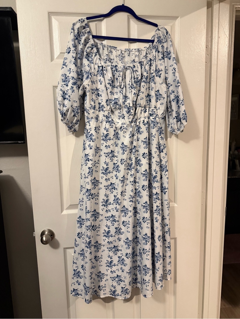 Blue Floral Square-Neck Midi Dress